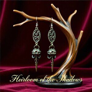 Bronze Bird Skull Earrings - Goth Pagan Raven Crows Occult Forest Witch Goddess